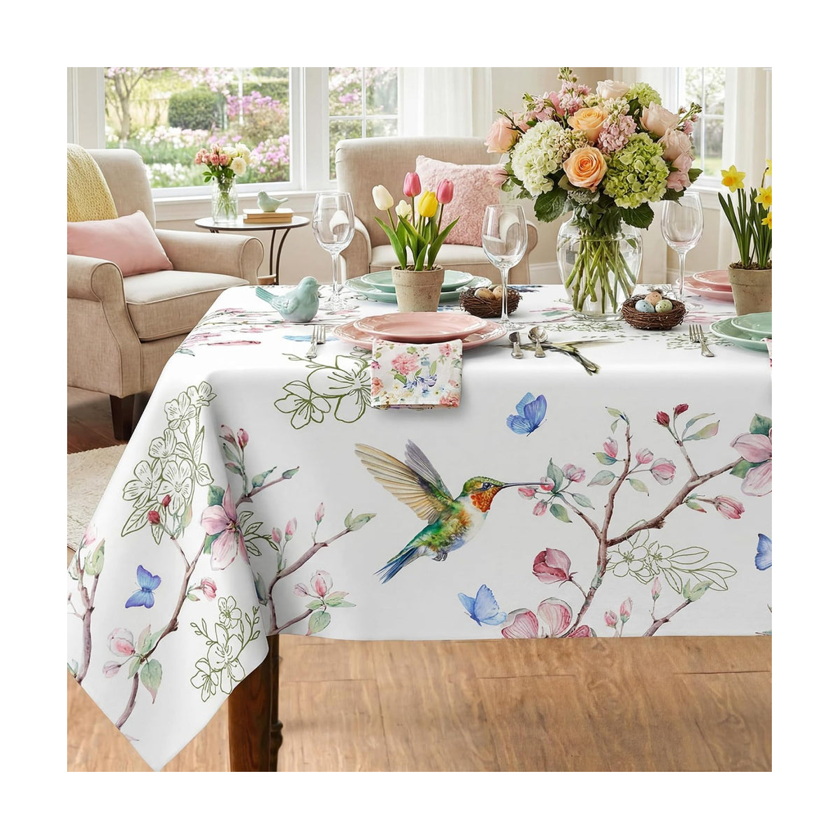 Spring Floral Tablecloth 52x70 Inch, Spring Birds Branch Floral Decorations for Home Table Cloth Rectangle Decor Tablecloths Polyester for Picnic Party Dinner