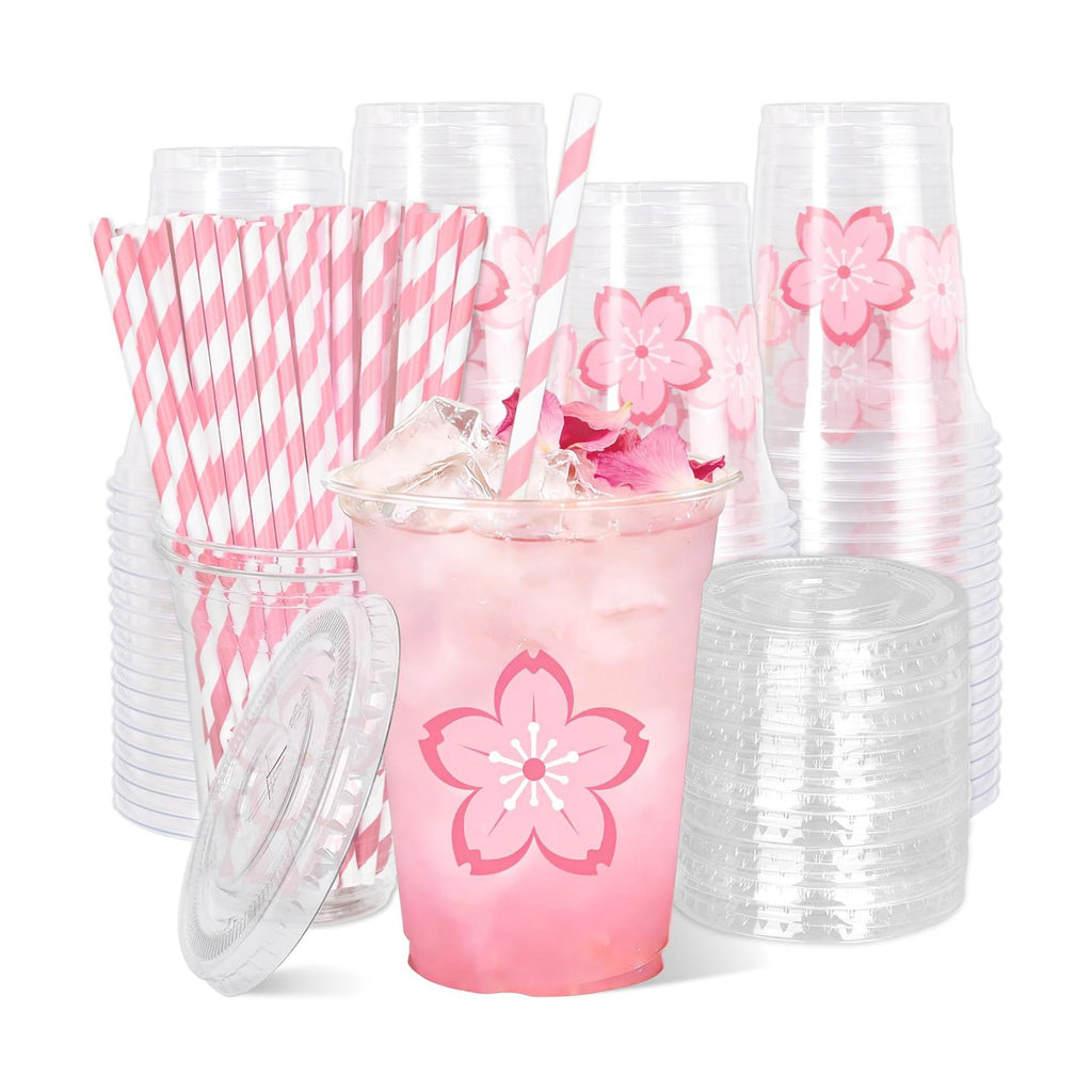 Whaline 50Pcs 12Oz Pink Cherry Blossom Disposable Plastic Cups with Lids and Straws Cute Sakura Cold Beverage Drinking Cups for Spring Wedding Birthday Party Supplies