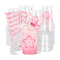 Whaline 50Pcs 12Oz Pink Cherry Blossom Disposable Plastic Cups with Lids and Straws Cute Sakura Cold Beverage Drinking Cups for Spring Wedding Birthday Party Supplies