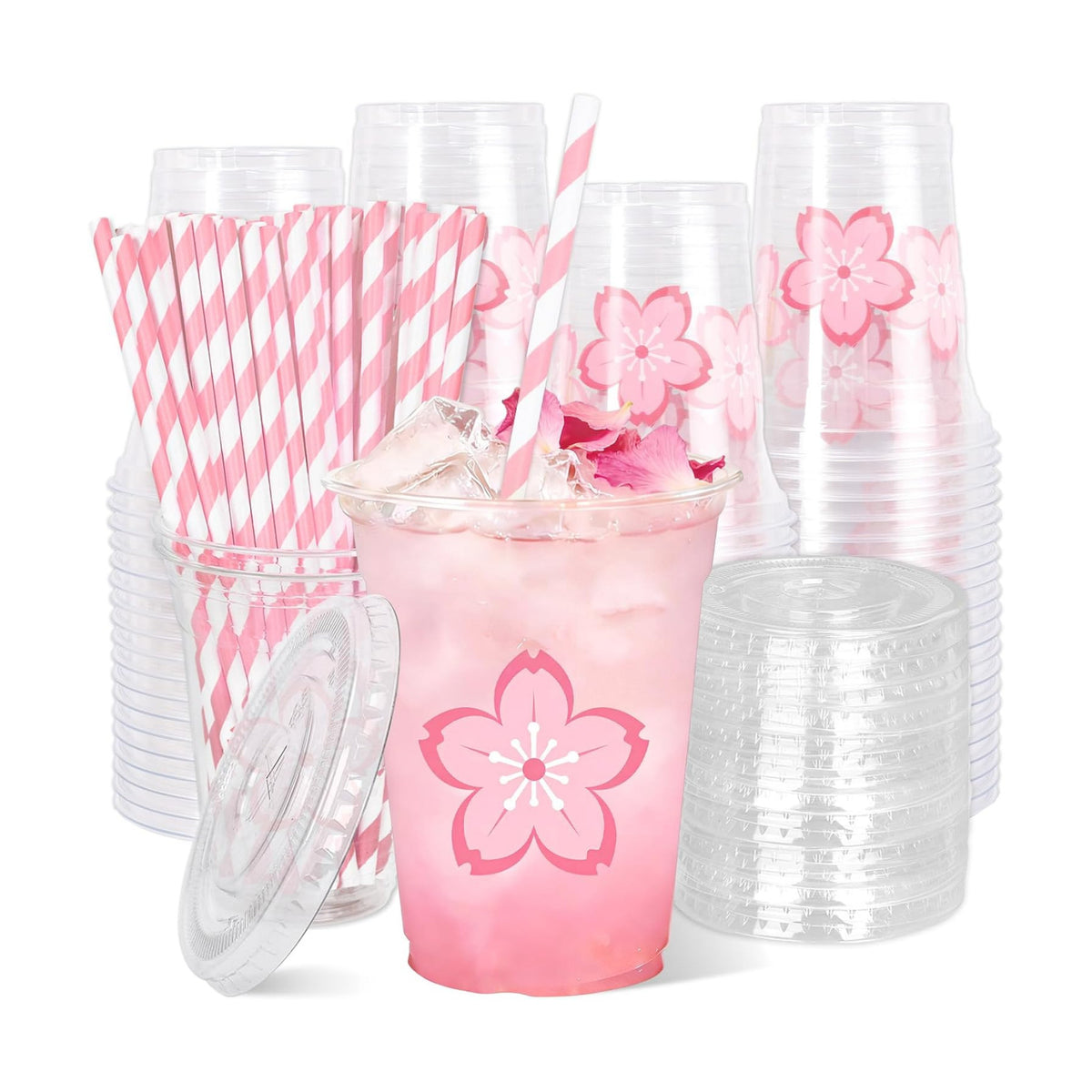 Whaline 50Pcs 12Oz Pink Cherry Blossom Disposable Plastic Cups with Lids and Straws Cute Sakura Cold Beverage Drinking Cups for Spring Wedding Birthday Party Supplies