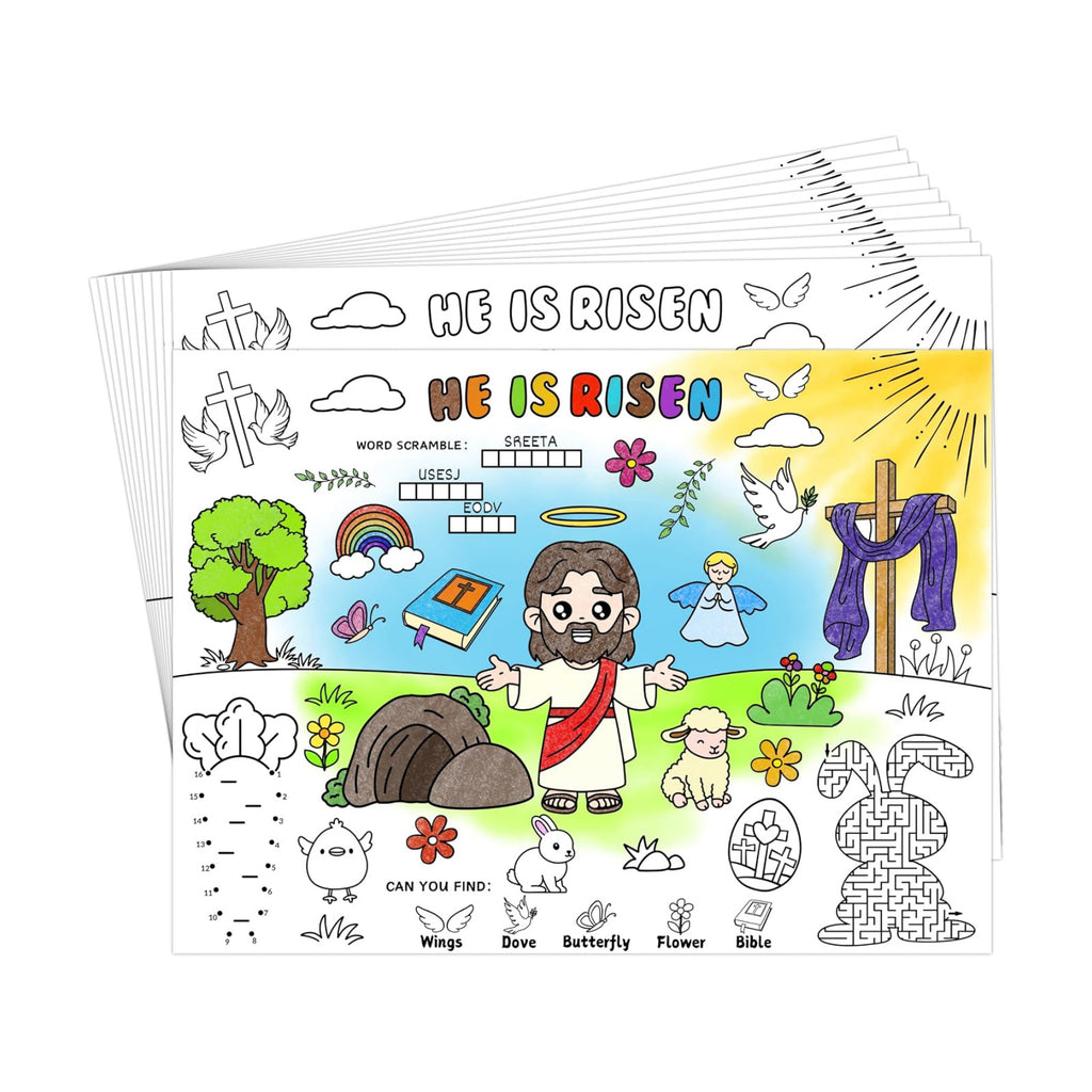 45pcs He is Risen Disposable Coloring Placemats Easter Christian Crafts for Kids Sunday School Easter Party Favors Coloring Poster Religious Activity Church Supplies Paper Table Mats