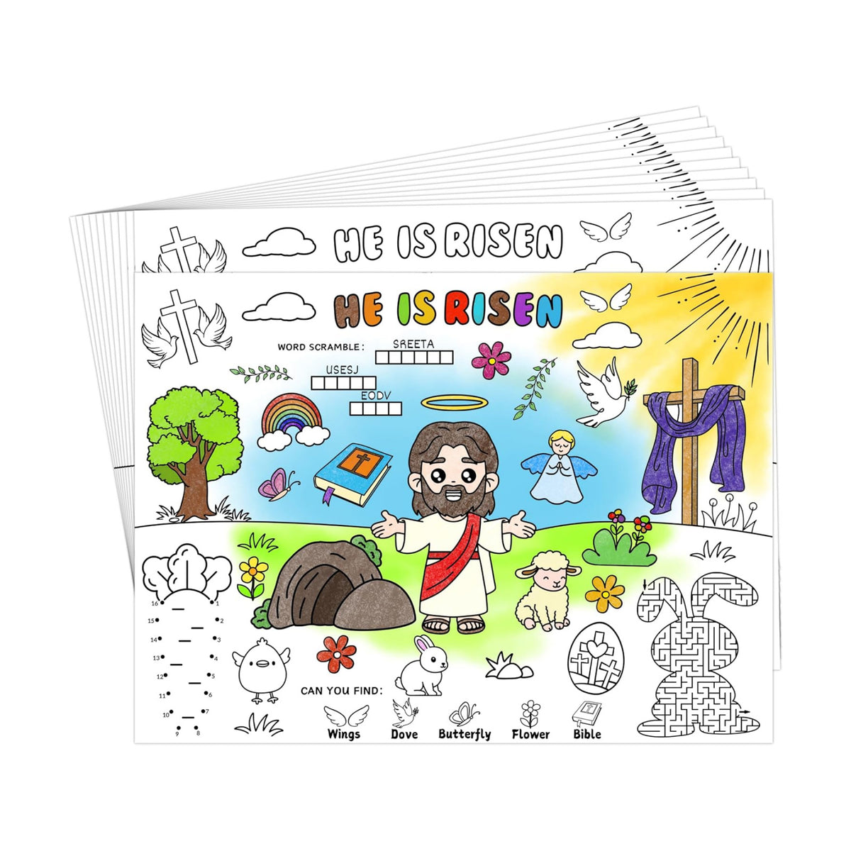 45pcs He is Risen Disposable Coloring Placemats Easter Christian Crafts for Kids Sunday School Easter Party Favors Coloring Poster Religious Activity Church Supplies Paper Table Mats