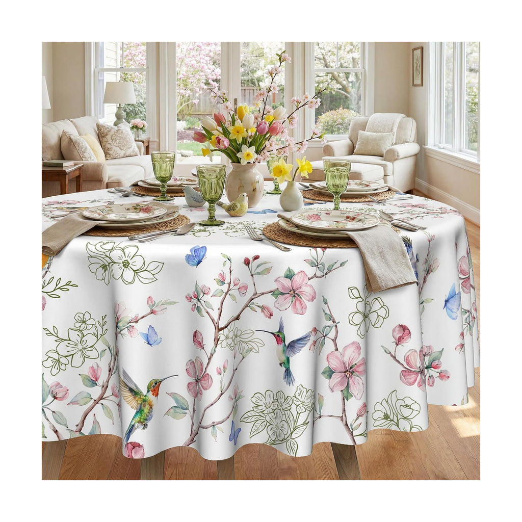 Spring Tablecloth Round 70 Inch, Spring Birds Branch Florals Decorations for Home Table Cloth Tablecloths Polyester for Picnic Party Dinner