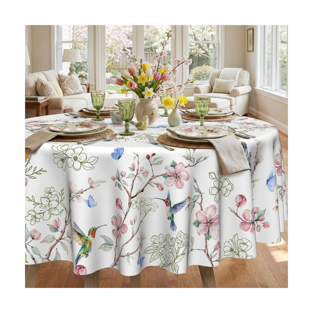 Spring Tablecloth Round 70 Inch, Spring Birds Branch Florals Decorations for Home Table Cloth Tablecloths Polyester for Picnic Party Dinner