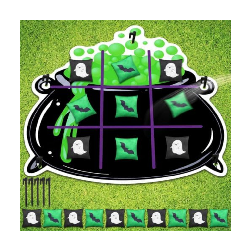 Hollowfly Halloween Tic Tac Toe Bean Bag Game Bubbling Cauldron Party Favors Bean Pillow Cushion Family Night Halloween Activities 1 Pot Felt Mat 10 Bats and Ghosts Bags for Outdoor Yard Background