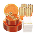 Rubtlamp 350 Pcs Plastic Dinnerware Set (50 Guests), Orange And Gold Plastic Plates, Hammered Party Plates Set Include Dinner Plates, Dessert Plates, Cups&Cutlery Set And Napkins for Wedding And Party