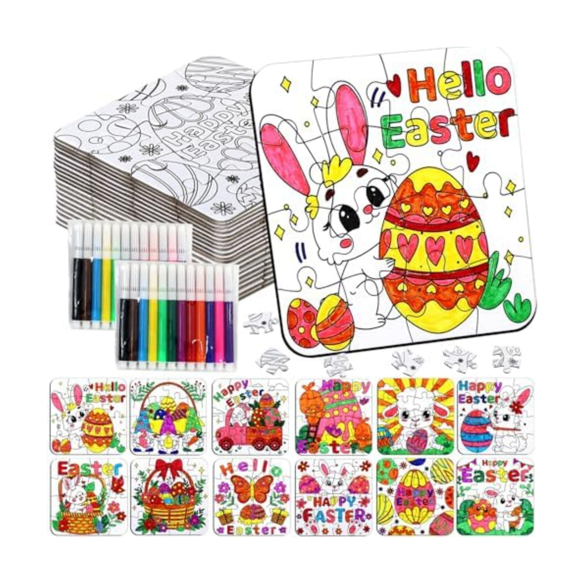24 Pcs Easter Crafts Puzzle for Kids Ages 4-8, Easter Activities Arts DIY Jigsaw with Egg Bunny Basket Flower, Spring April Craft for Party Favors Gifts Christian Classroom Coloring Games Toy Bulk