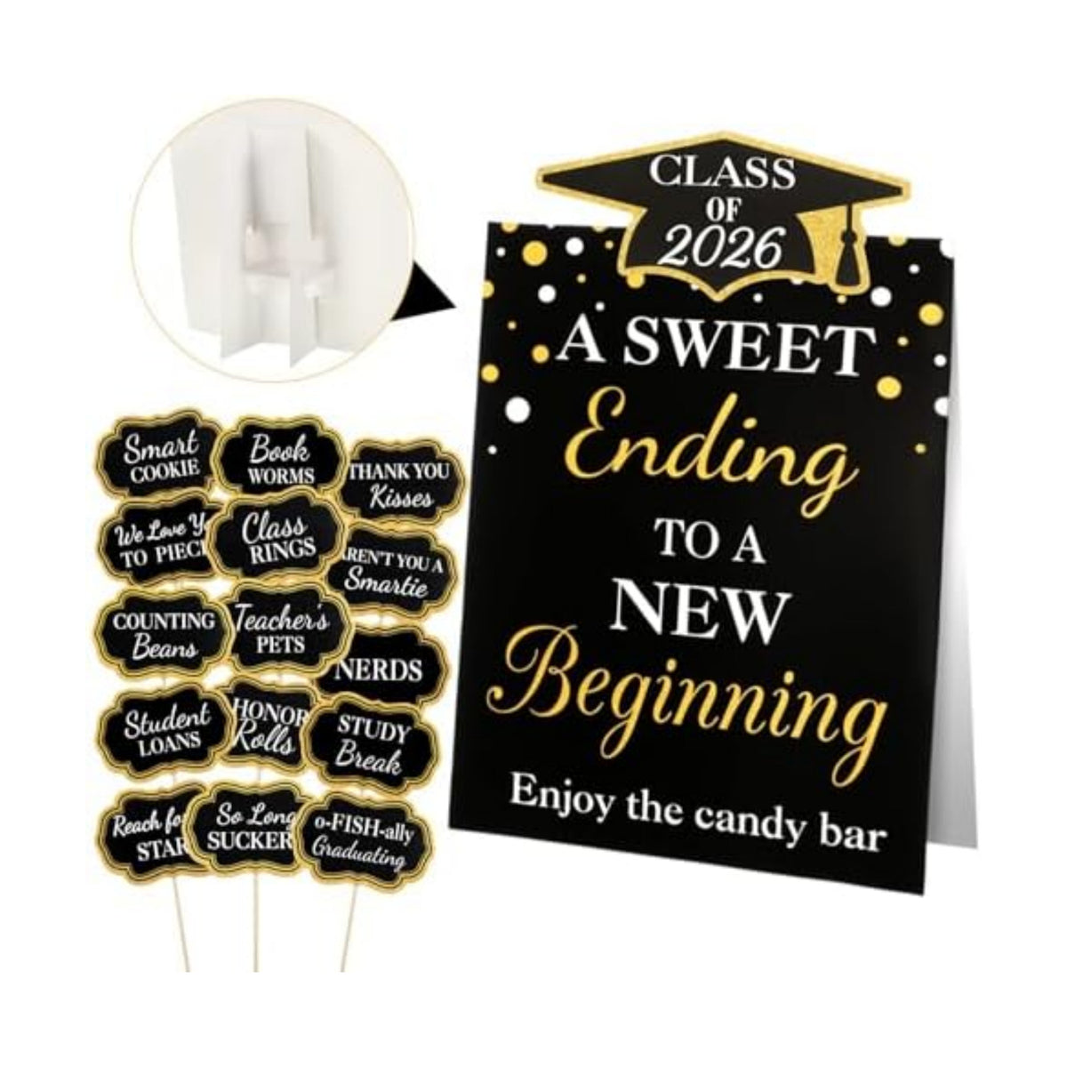 Spakon 24 Pcs Grad Candy Buffet Labels with Stand, Table Signs, Black Gold