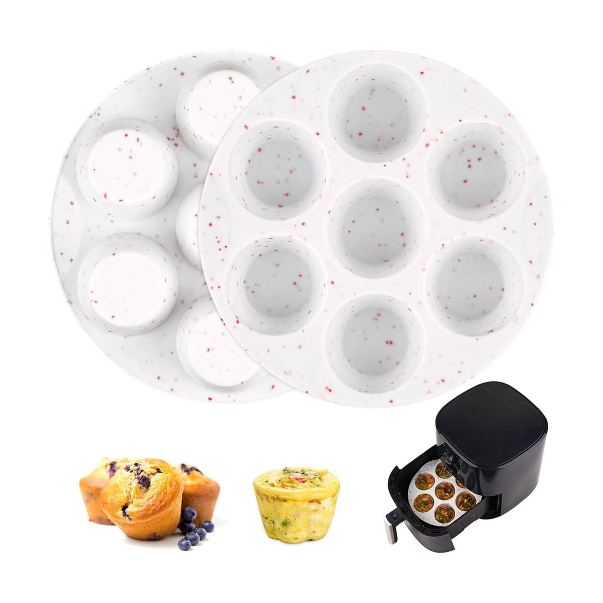 Sakolla 2 Pack Silicone Egg Bite Molds for Air Fryer, Nonstick 7 Cups Air Fryer Muffin Pan for Baking Egg Bite, Mini Muffins, Tart, Mini Cupcake and Quiche (Confetti)