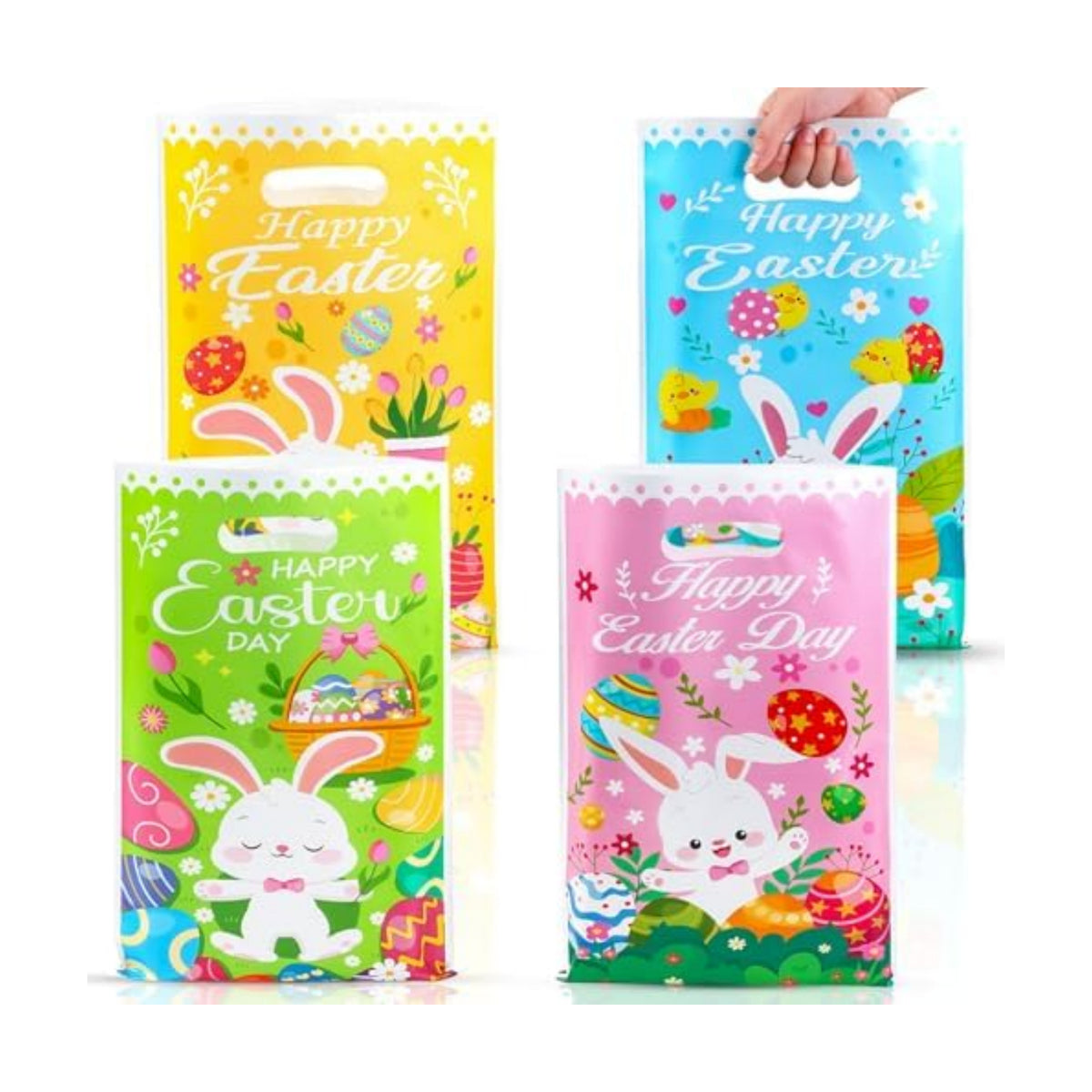 Easter Treat Bags, 50 PCS Easter Gift Bags with Handles, Plastic Happy Easter Day Cookie Goodie Candy Bag Easter Bunny Cute Spring Party Favor Bag for Easter Party Favors Supplies, 6.5x10 Inch