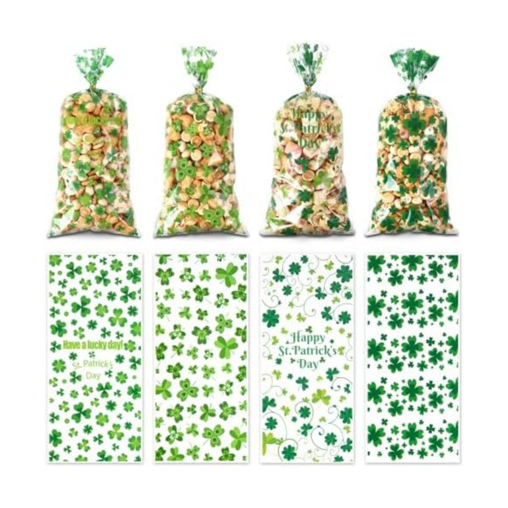 eowqeiur 100 PCS St Patricks Day Treat Bags(5x11 Inch) Green Shanrock Cellophane Bags for Cookie Candy Goodie Goody Snack Gifts Wrap Clover Spring Baggies Pouch St Patricks Party Favors Supplies