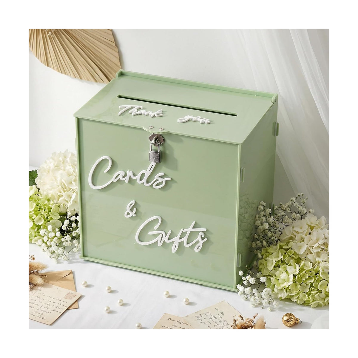 BreezeHug 10" Sage Green Acrylic Wedding Card Box with Lock & 3D Letters