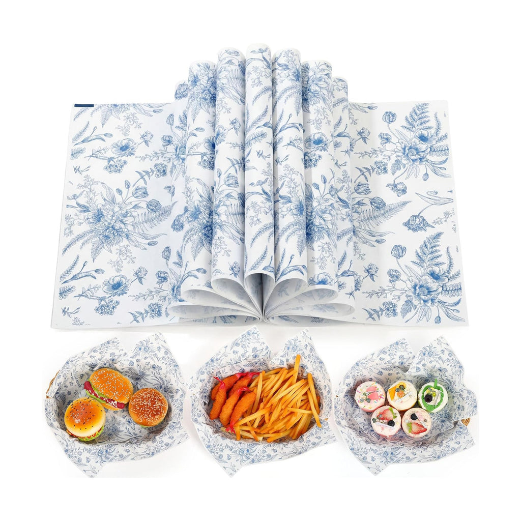 AmazingSpark 150 Pcs Deli Wax Paper Sheets for Food 8 x 10 Inch Greaseproof Waterproof Sandwich Wrapping Paper Basket Liner for Outdoor Picnic Beach Wedding Birthday Baby Shower (Blue Flowers)