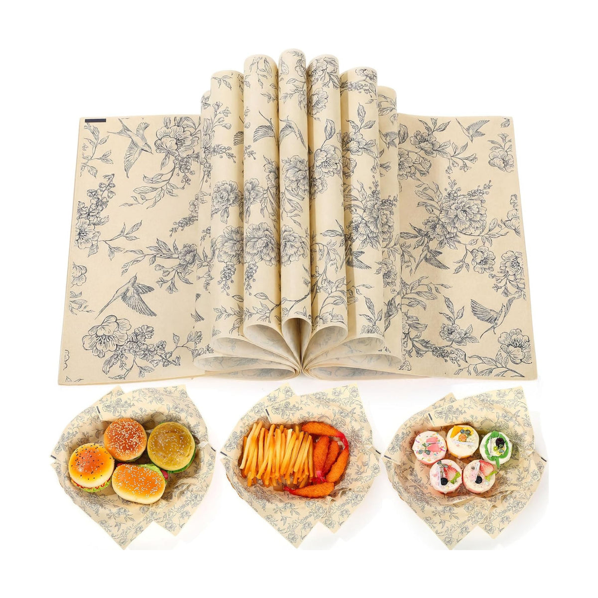 AmazingSpark 150 Pcs Deli Wax Paper Sheets for Food 8 x 10 Inch Greaseproof Waterproof Sandwich Wrapping Paper Basket Liner for Outdoor Picnic Beach Wedding Birthday Baby Shower(Flower Bird 2)