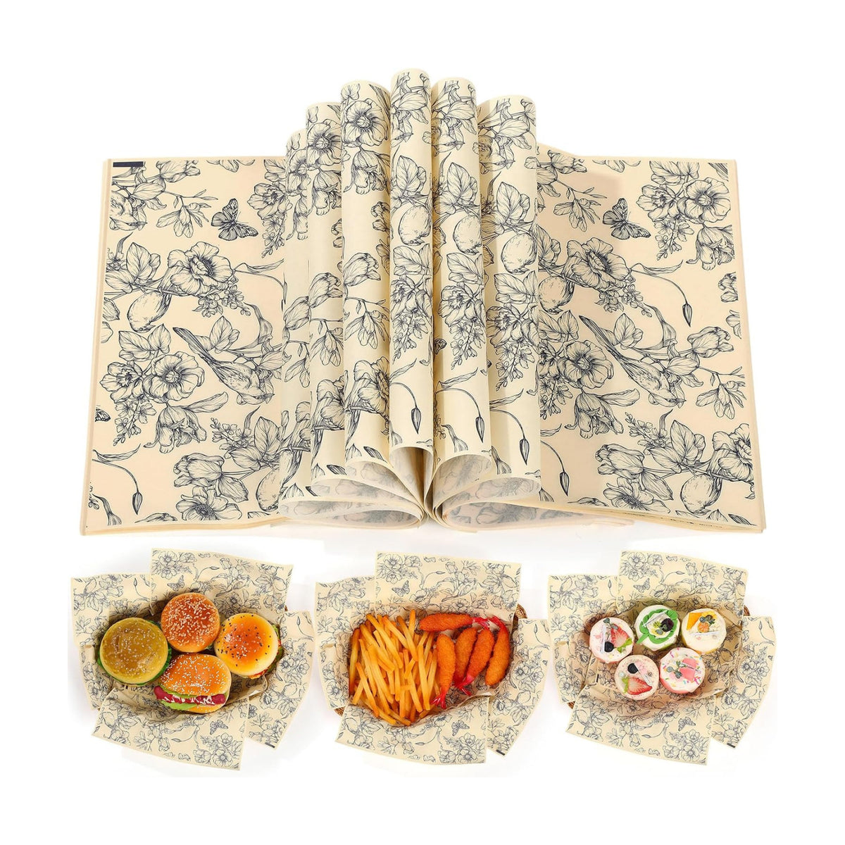 AmazingSpark 150 Pcs Deli Wax Paper Sheets for Food 8 x 10 Inch Greaseproof Waterproof Sandwich Wrapping Paper Basket Liner for Outdoor Picnic Beach Wedding Birthday Baby Shower(Flower Bird 3)