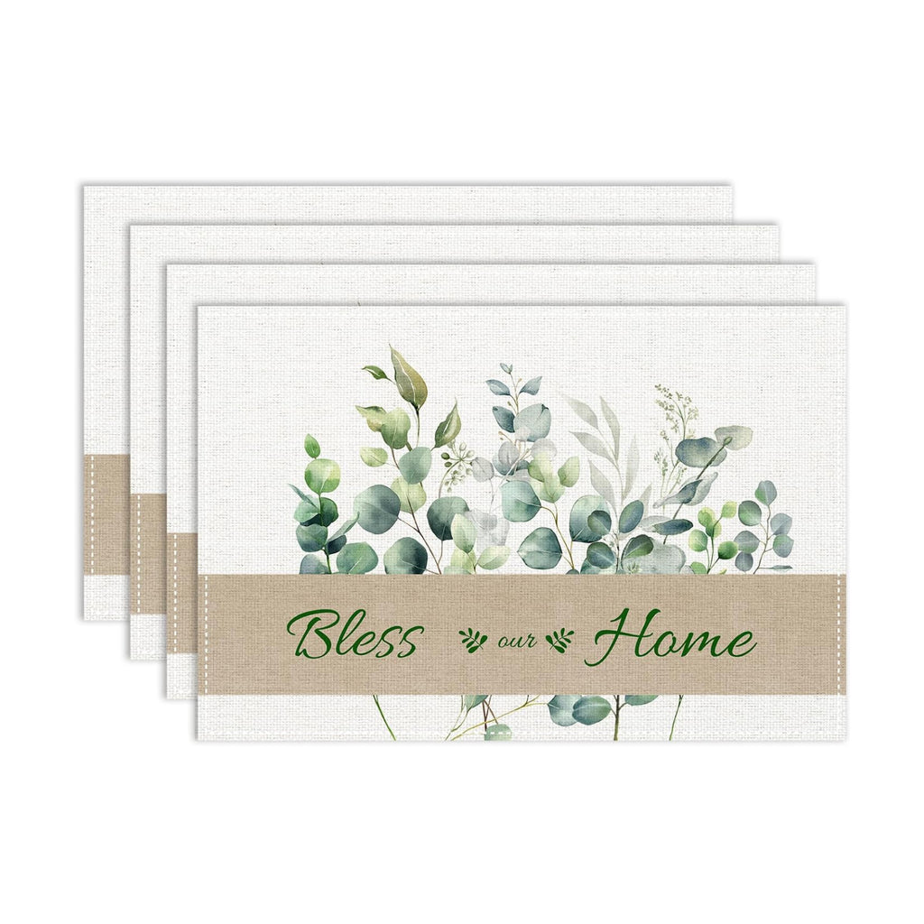 Eucalyptus Placemats Set of 4, 12x18 Inch Seasonal Floral Sage Blue Spring Summer Green Plants Holiday Coffee Table Mats for Party Kitchen Dining Decoration