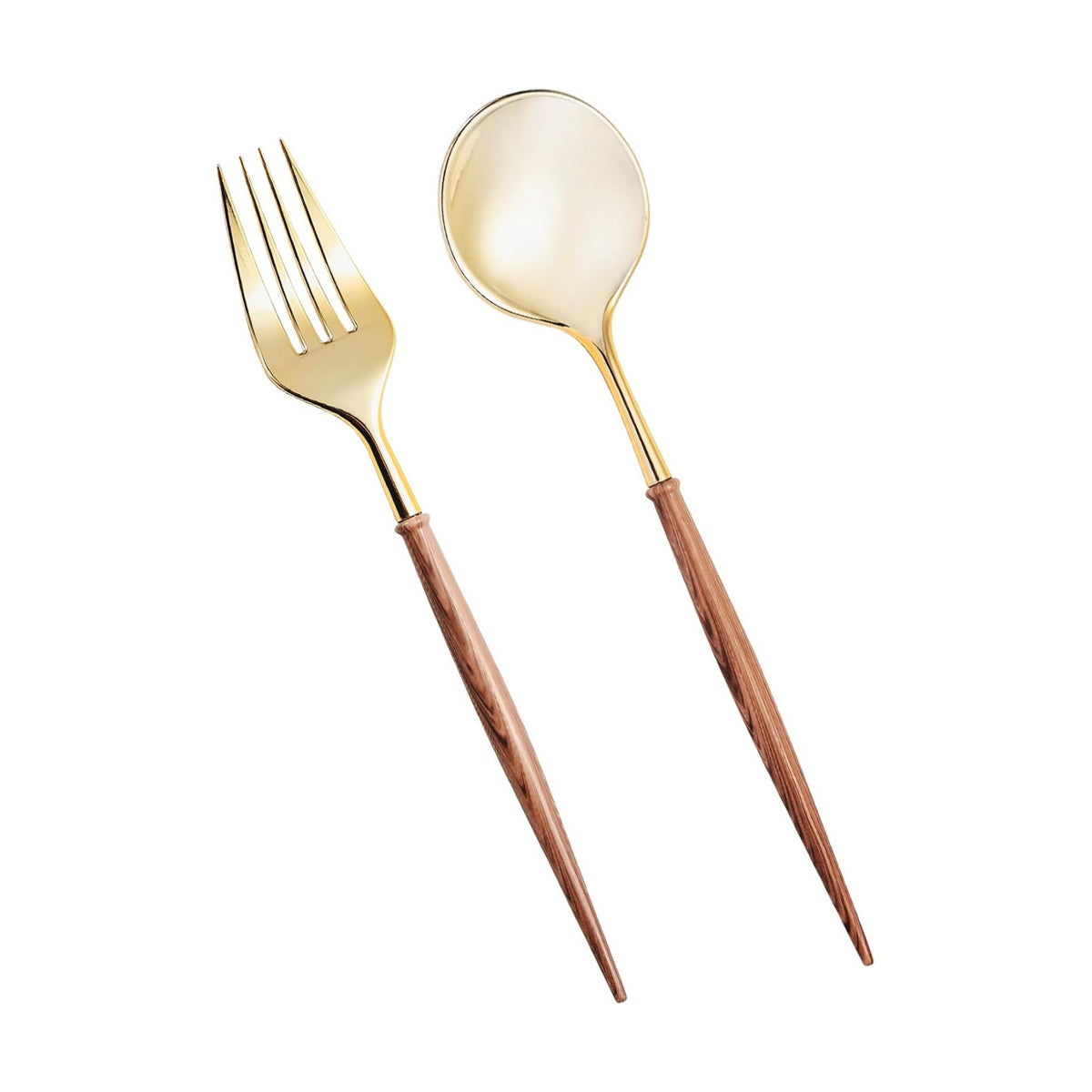 Lullaby 100PCS High End Gold Plastic Forks & Spoons with Wood Grain Handle