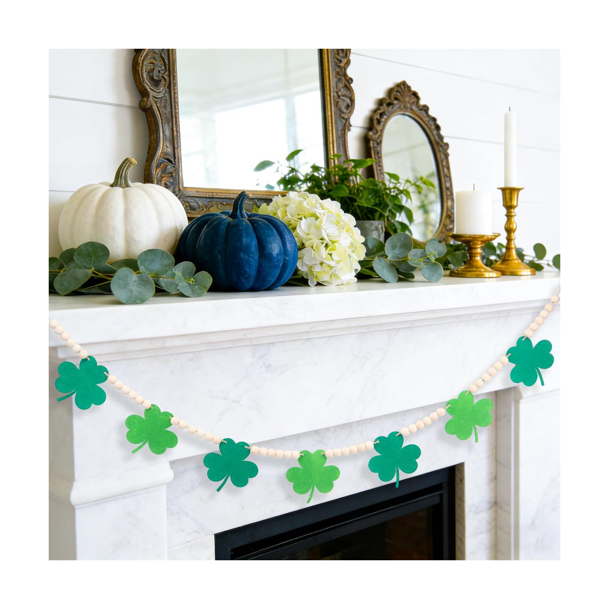 St. Patrick's Day Garland St. Patrick's Day Decorations Shamrock Garland Felt Shamrock Banner with Wooden Beads Lucky Green Garland for Saint St Patricks Day Decor Home Fireplace Mantel Wall Decor