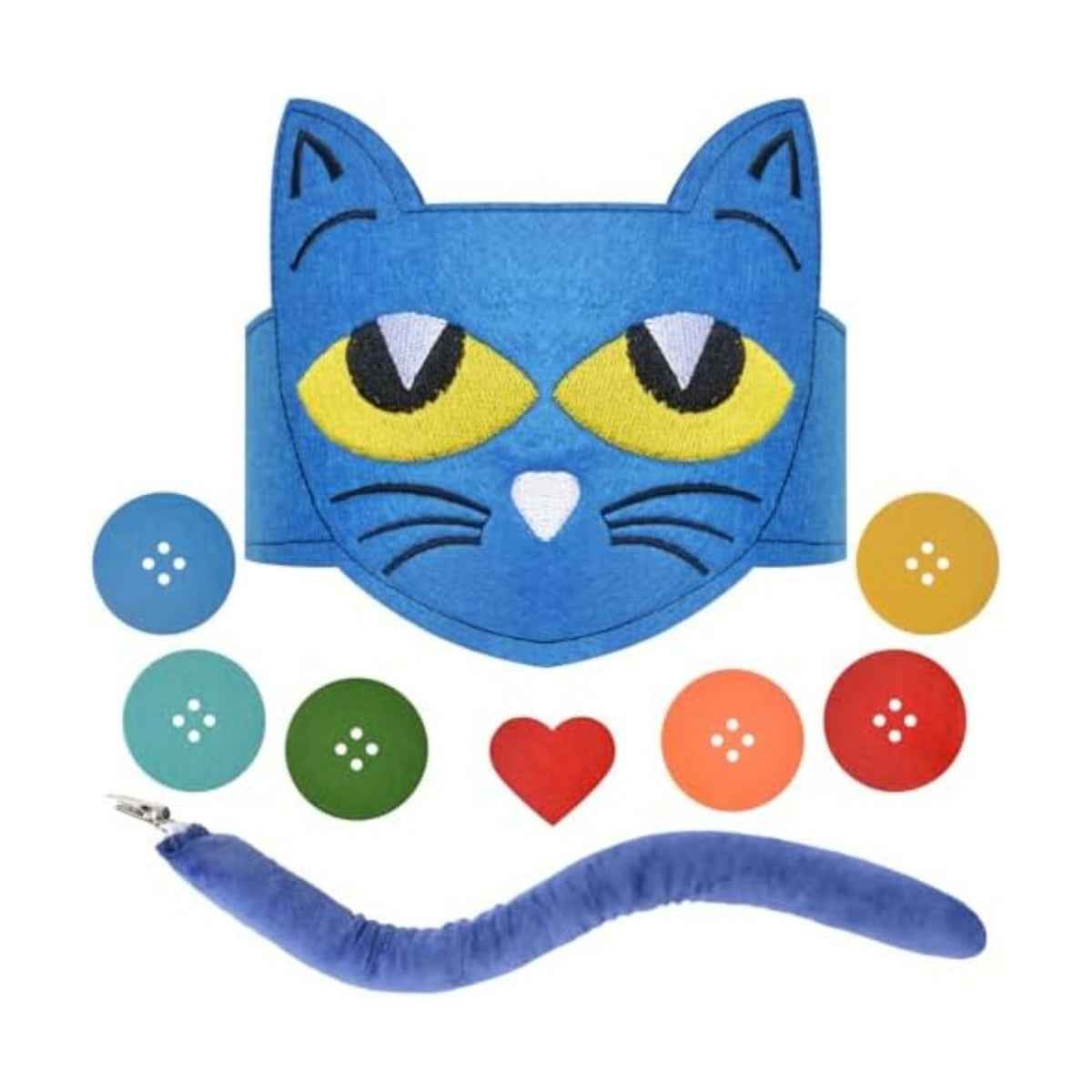 Blue Cat Costume Set with Cat Headband and Tail, Heart Button Stickers Accessories for Read Book Day Dress Up Halloween Party Cosplay