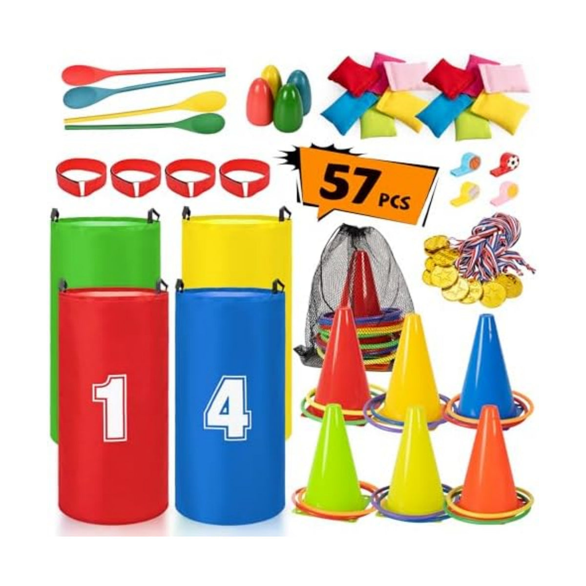 ropoda Field Day Games, Outdoor Carnival Games Potato Sack Race Bags for Adults and Kids, Bean Bags, Soft Plastic Cones,Ring Toss Set,Egg and Spoon Race, Outdoor Games Easter