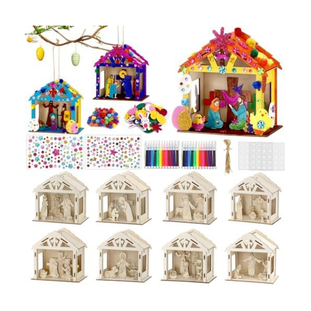 8Pcs Christian Easter Crafts Wooden House for Boy Girl & Adult, Religious Easter Activities DIY Kit with Jesus He Is Risen Egg Bunny, Spring Bible Art Gift for Basket Stuffers Party Favors Decor Bulk