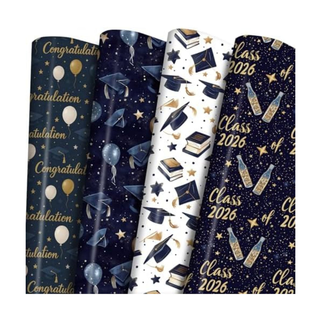 Ulmasinn Graduation Wrapping Paper, 4 Class of 2026 Designs, Navy Blue & Gold Graduation Wrapping Paper for Graduation Gifts, Party Decorations, 20 x 29 Inch Folded 8 Sheets