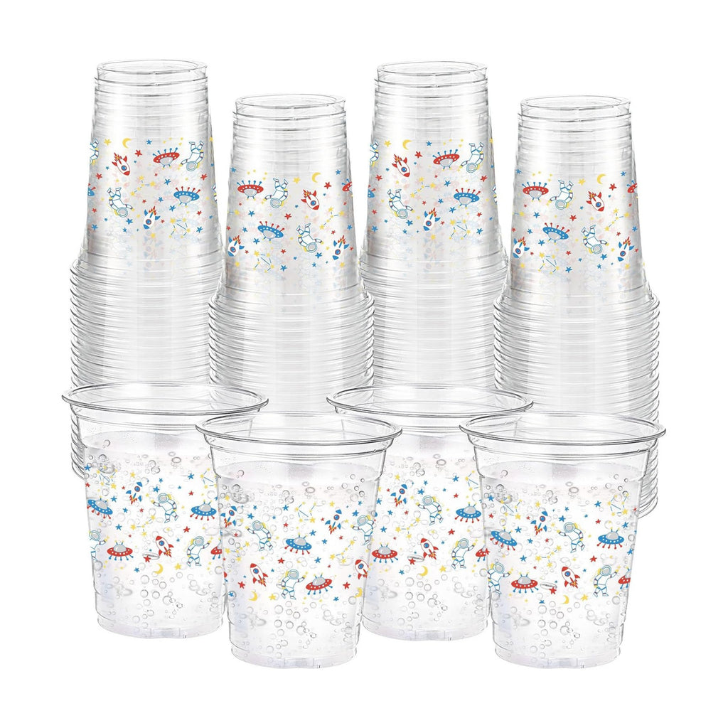 Funnymoom 60 Pack Space Plastic Cups 12 oz Outer Space Galaxy Planet Disposable Clear Plastic Drinking Cups for Planet Solar System Birthday Baby Shower Party Decoration Supplies