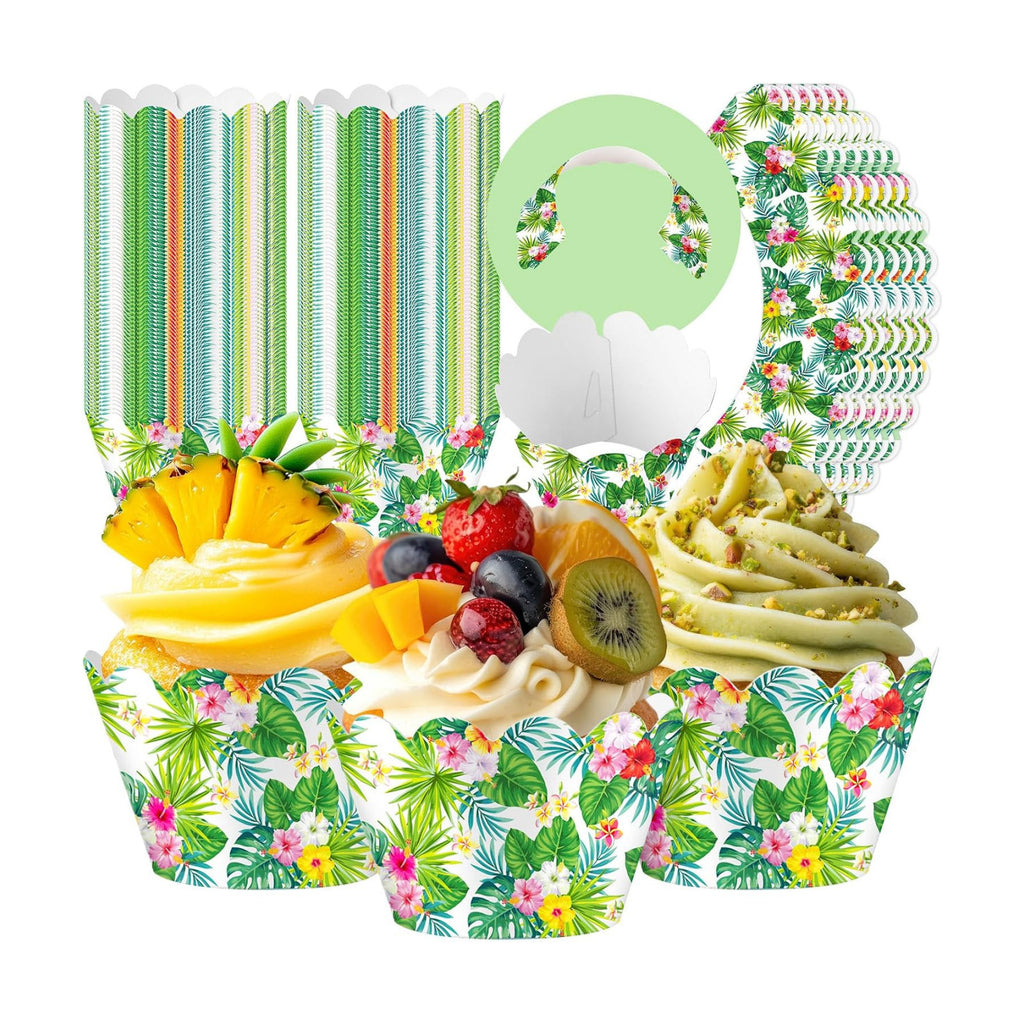 Domensi 100 Pcs Hawaiian Luau Tropical Palm Cupcake Wrappers Rustic Cupcake Liners Green Baking Cups Baking Liners for Summer Birthday Party Supplies Dessert Decoration