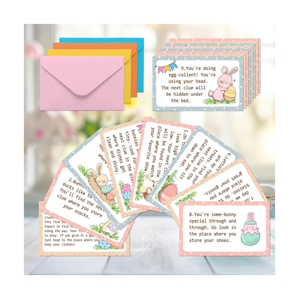 Easter Scavenger Hunt Game, Easter Bunny Treasure Hunt Clue Cards with Envelopes, Easter Egg Hunt Party Game for Adults and Family, Indoor Outdoor Activities – A02