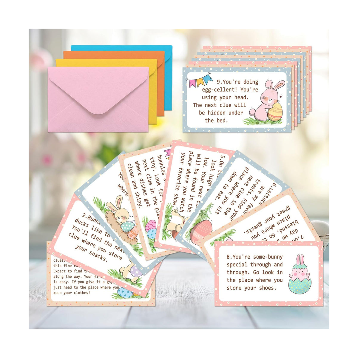 Easter Scavenger Hunt Game, Easter Bunny Treasure Hunt Clue Cards with Envelopes, Easter Egg Hunt Party Game for Adults and Family, Indoor Outdoor Activities – A02
