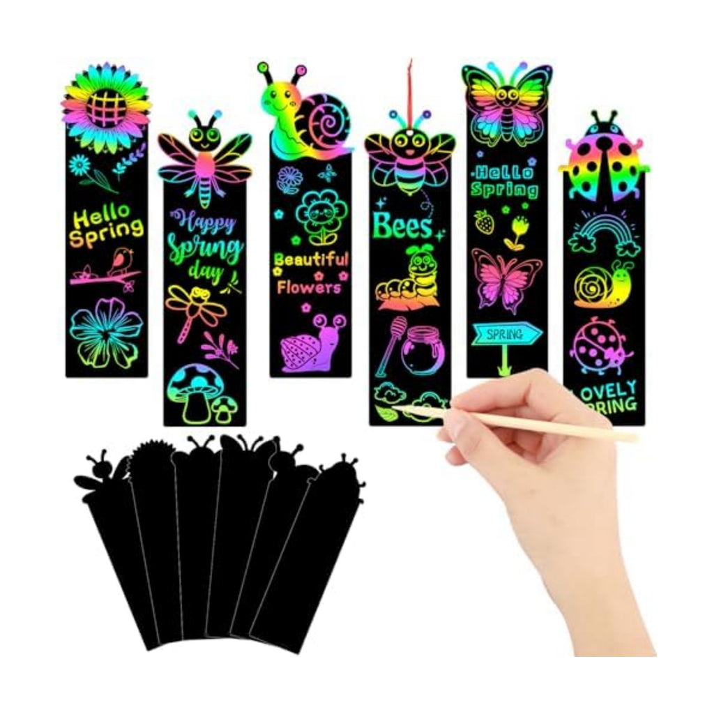 JUNEBRUSHS Spring Scratch Bookmarks, 30PCS Crafts for Kids DIY Rainbow Scratch Art, Spring Activities for Kids Art Project with 6 Designs, 30 Strings and 12 Sticks