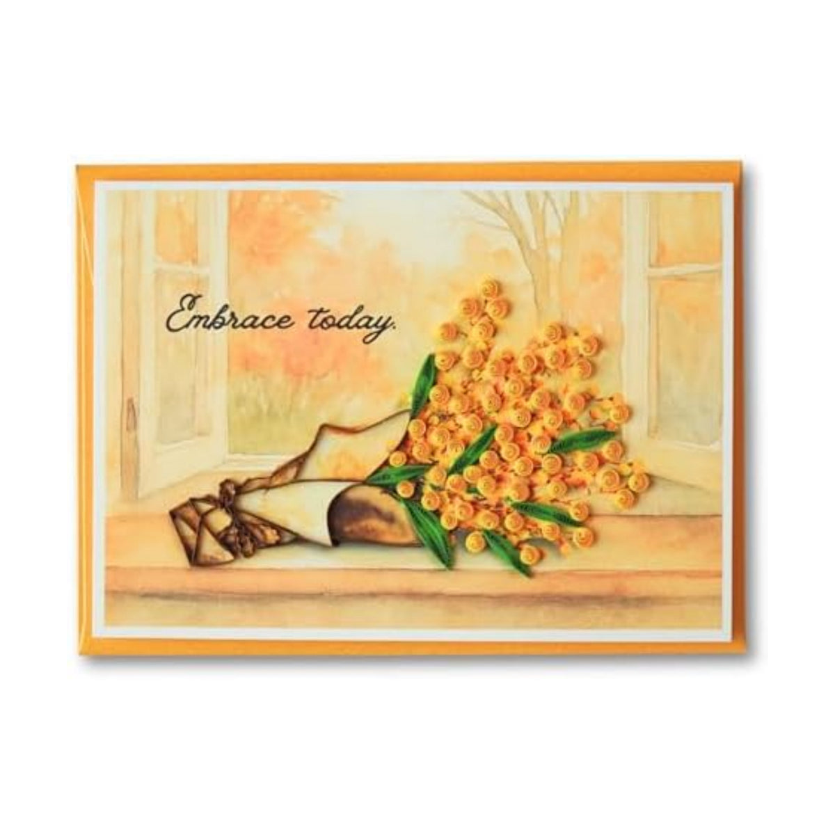 Quilling Friendship Card with Envelope - Handmade Warm Mimosa Bouquet Autumn Window Letter - Quilled Card for Her, Friend, Wife - Thank You Greeting Card - Paper Quilling Art 5x7 Inch