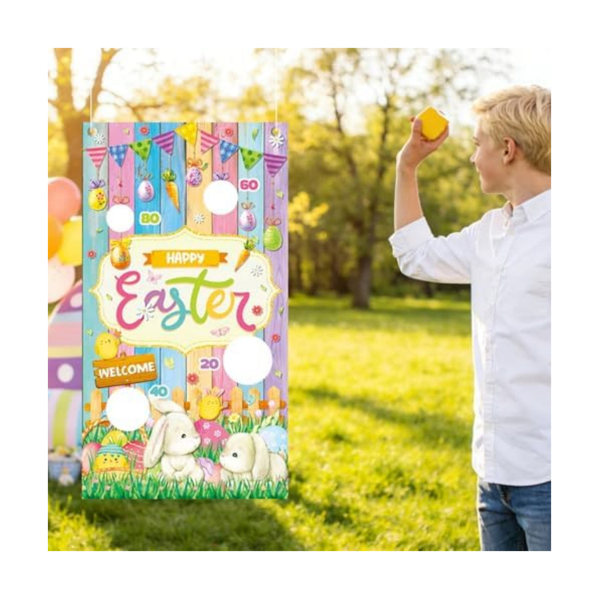 Easter Party Games Set Bean Bag Toss Game for Adults Banner with 4 Bean Bags for Tossing Bunny Egg Easter Party Decoration Indoor Outdoor Festive Decor