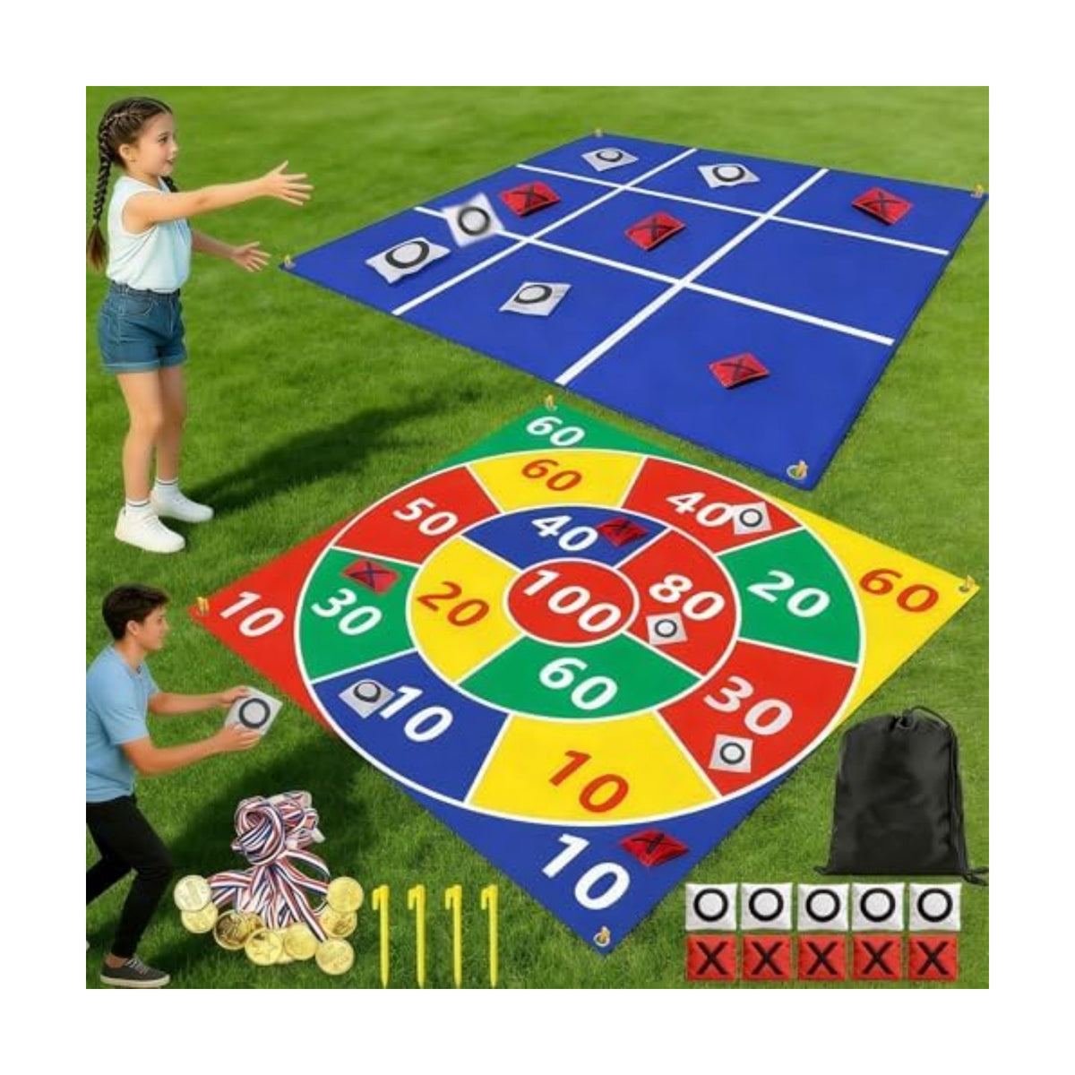 2-in-1 Outdoor Giant Tic Tac Toe Bean Bag Toss Games for Kids Adults,4.5Ft Large Outside Picnic Lawn Backyard Games for Kids Family Birthday Party Beach Carnival Outdoor Fun Giant Yard Field Day Games