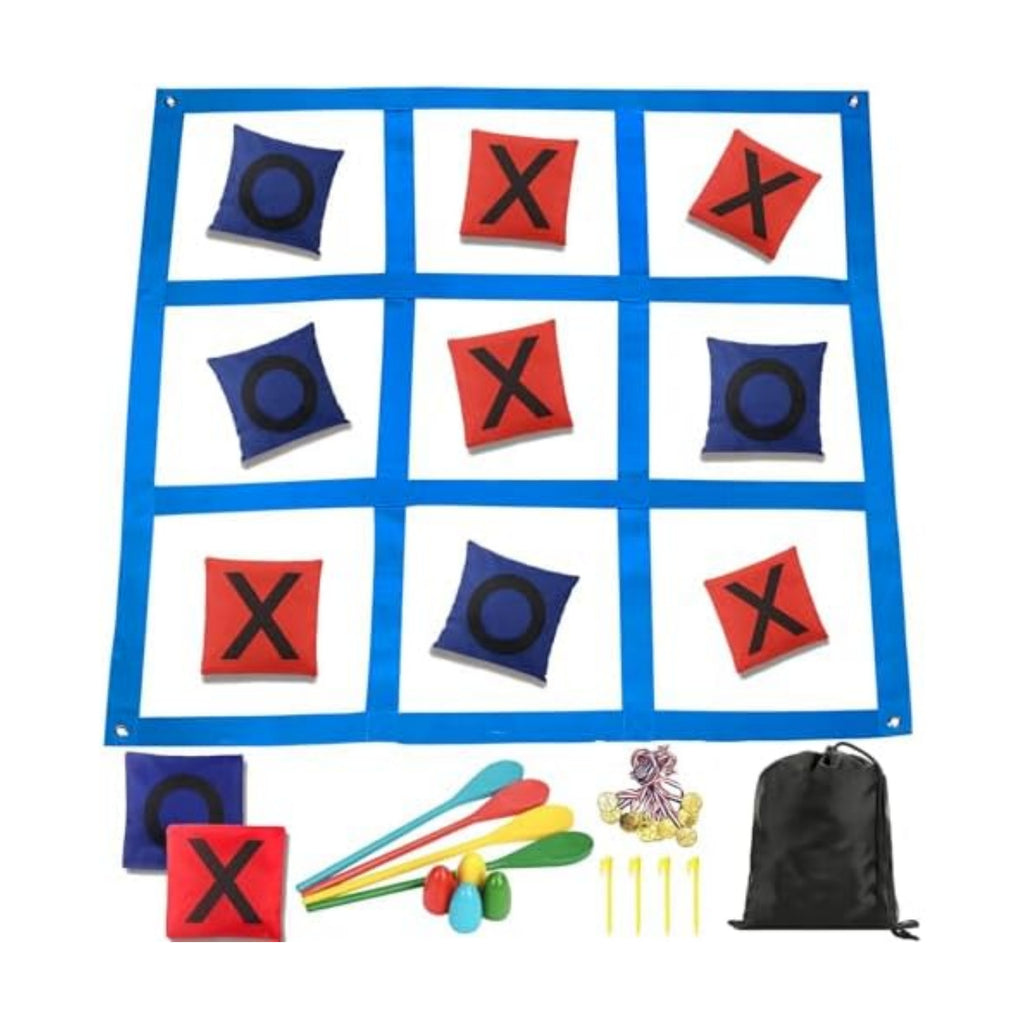2-in-1 Outdoor Giant Tic Tac Toe Bean Bag Toss Games for Kids Adults Egg Spoon Relay Race Game, 4X4FT Large Lawn Yard Games Backyard Outside Family Reunion Birthday Party Field Day Outdoor Fun Games
