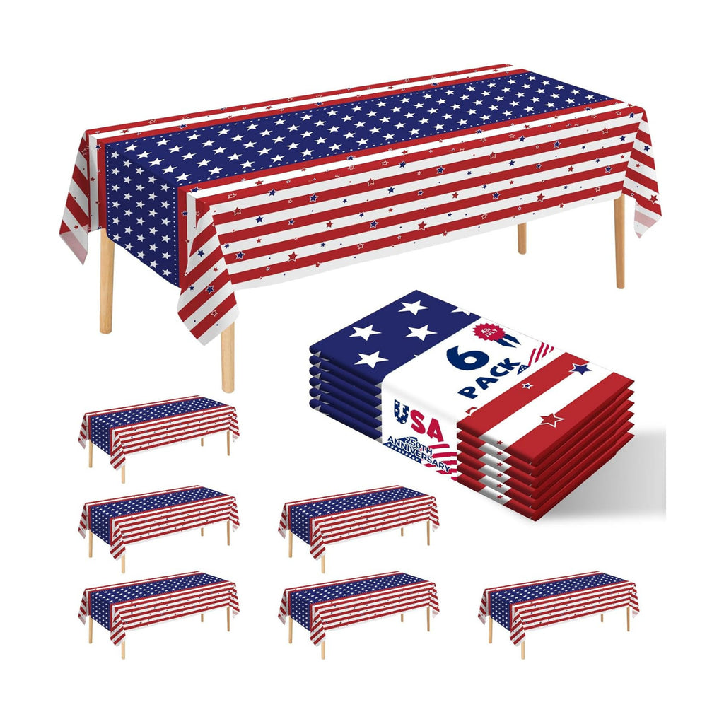 6 Pack American Flag Tablecloth, 4th of July Patriotic Table Cover (54"x108") Disposable Plastic Table Cloth, Decorations for Veterans Day, Patriotic, Memorial, Fourth of July, Independence