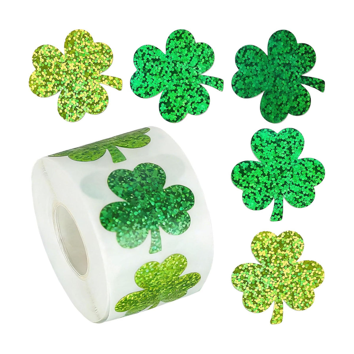 500Pcs Shamrock Stickers Roll for St. Patrick's Day - 3 Styles Holographic Sparkly Green Clover, Self-Adhesive Waterproof Irish Themed Labels for Party, Cards, Envelopes & Gift Wrapping