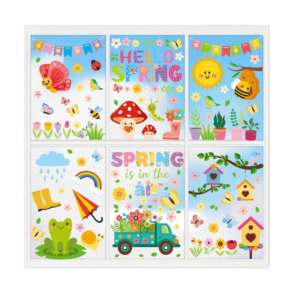 Xzentira 163Pcs Spring Window Clings Spring Stickers for Glass Windows Double-Sided Window Decals with Flowers Butterfly Bees Birds for School Home Office Accessories Party Supplies