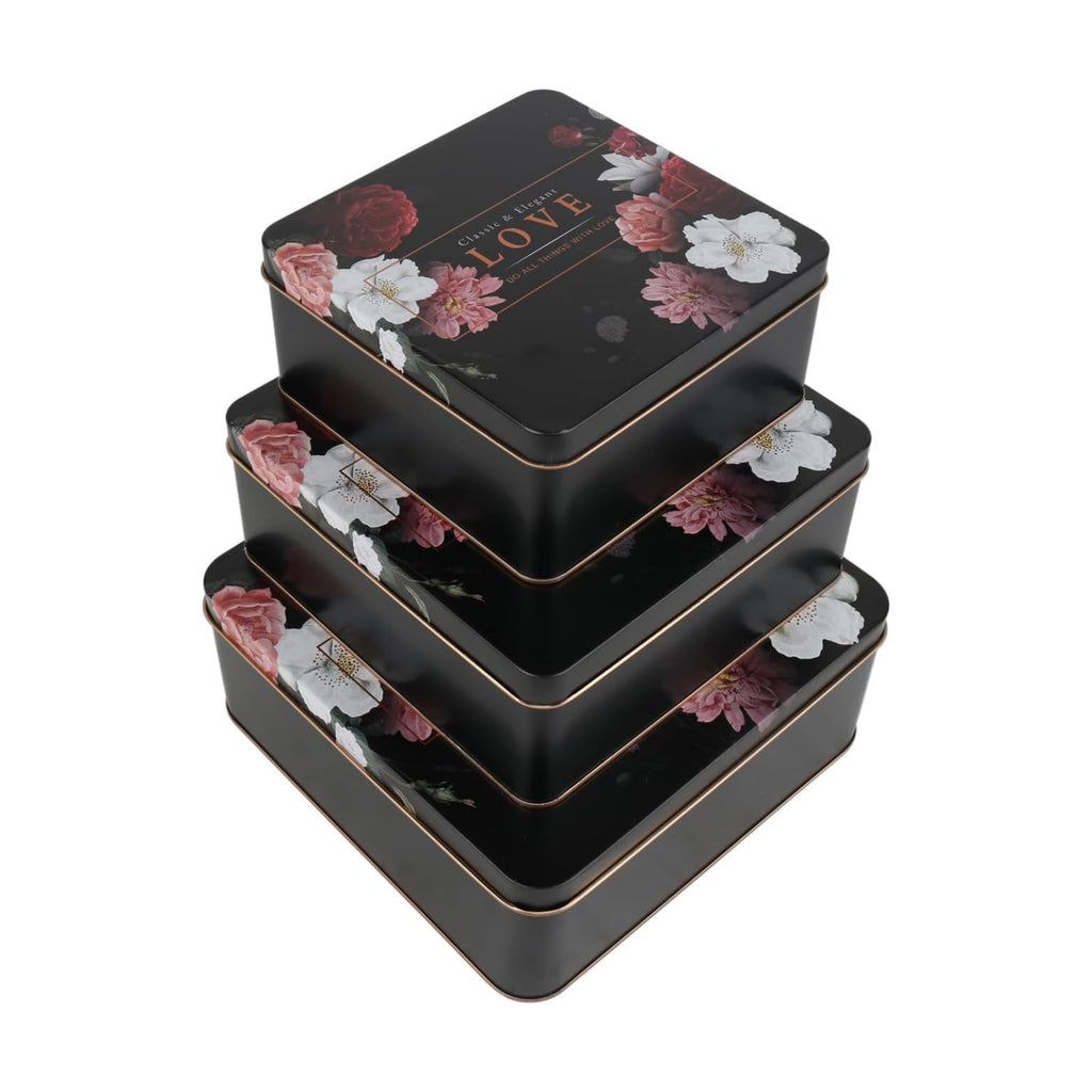 Love Decorative Storage Box Rural Tin Gift Box Tinplate Candy Cookie Jars Square Storage Containers with Lids for Chocolate Candy Tea Coffee Cosmetics Jewelry Photos Gift Case 3Pcs