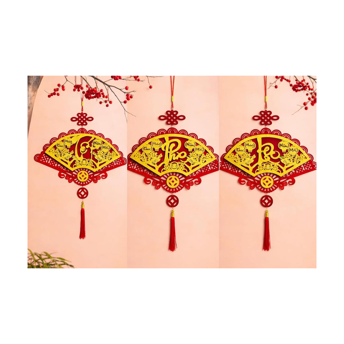 Vietnamese Red Velvet Fans with Gold Calligraphy, 3 Pieces TET Phuc LOC Lunar New Year Wall Decorations/Vietnamese Lunar New Year Decoration/Set Quat Trang Tri TET (3 Pieces)