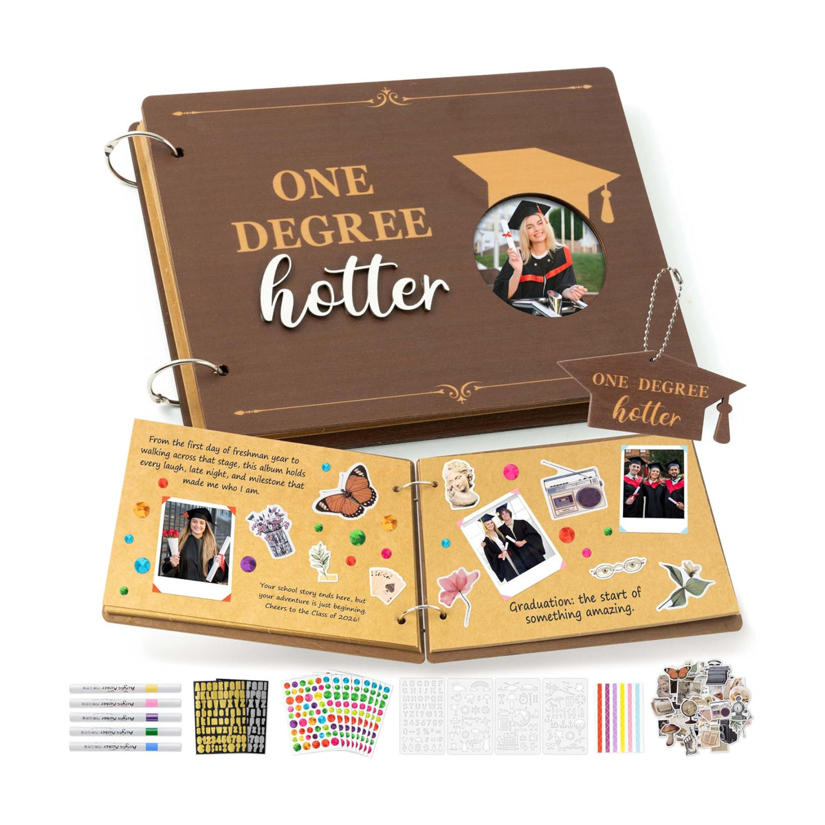 CY2SIDE Graduation Photo Album Scrapbook - 30Page One Degree Hotter Wooden Graduation Scrapbook Craft Kit School Day Memory Book DIY Class 2026 Graduate Handmade Album Gift for College Senior Grad