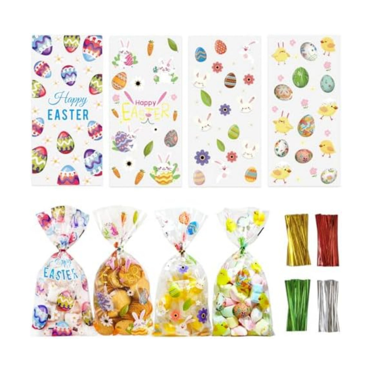 QOIUSO Easter Treat Bags: Clear Easter Cellophane Bags with 60 Twist Ties for Candy Goodie Cookies Sweet and Gifts Packaging - 50pcs Assorted Bunny & Egg Designs Platstic Party Favors Bags