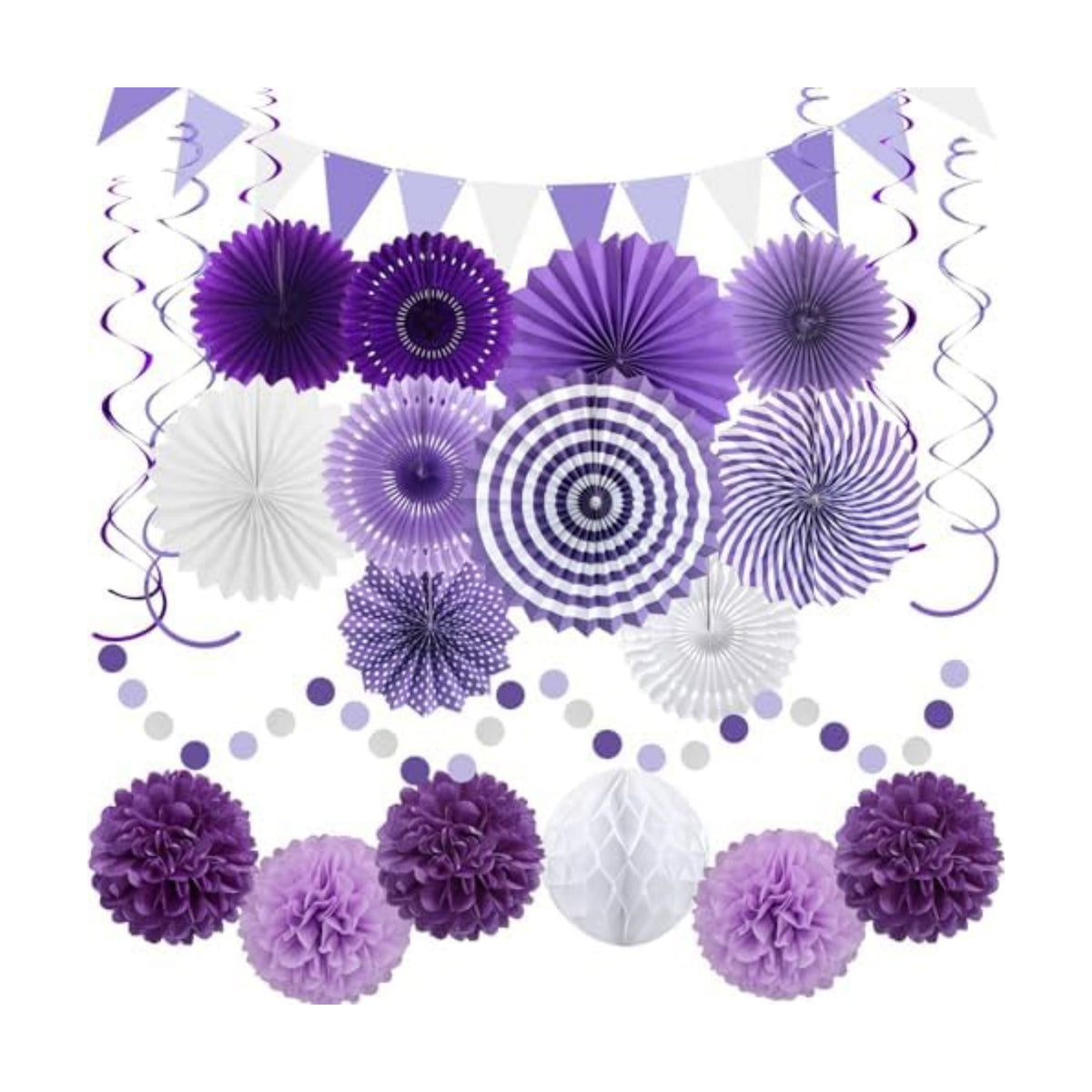 24 Pcs Purple Birthday Decorations Kit, Paper Fans Pom Poms Banner 8-16 in