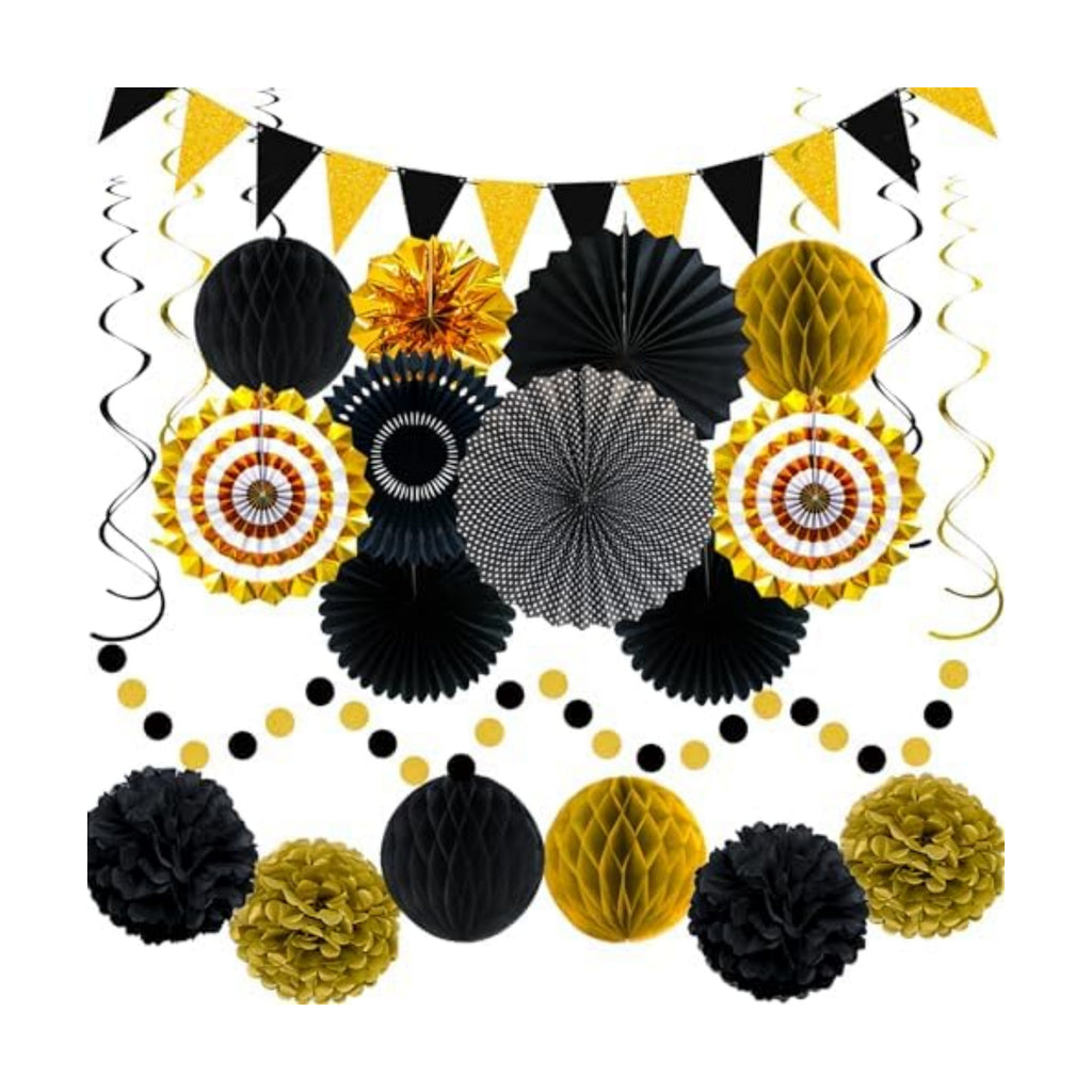 24 Pcs Black and Gold Party Decorations, Paper Fans Pom Poms Garland Decor