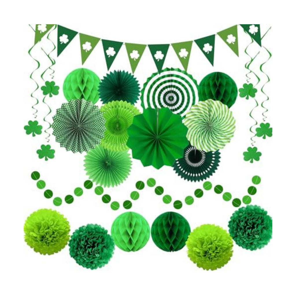 24 Pcs Green Birthday Decorations Kit, Paper Fans Pom Poms Banner 8-16 in