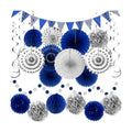 24 Pcs Blue Silver Party Decorations, Paper Fans Pom Poms Banner 8-16 in
