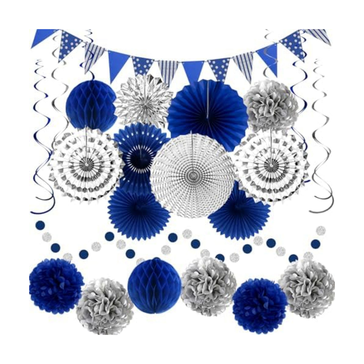 24 Pcs Blue Silver Party Decorations, Paper Fans Pom Poms Banner 8-16 in