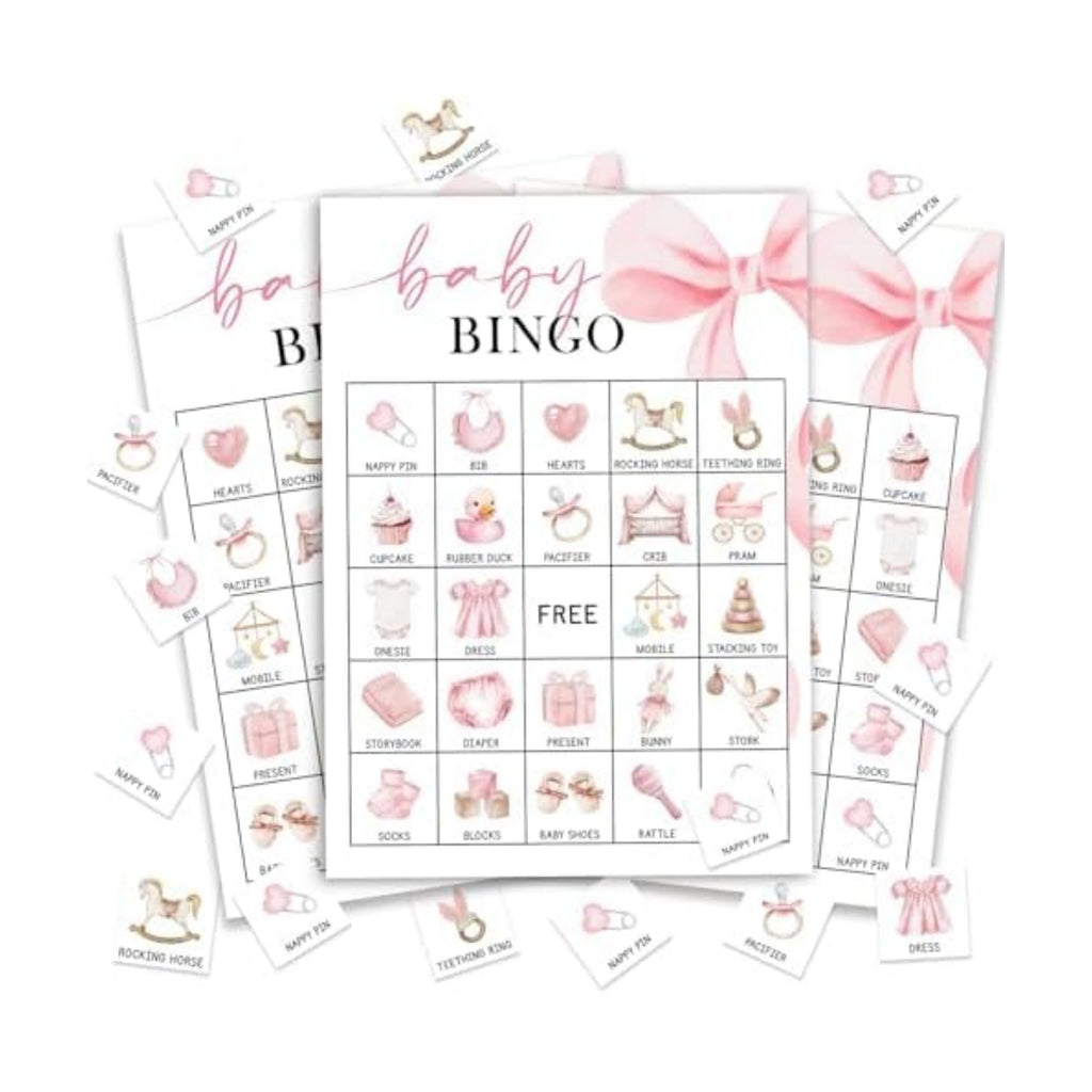 Pink Bow Baby Shower Bingo for 24 Players, Fun Gender Reveal Party Game
