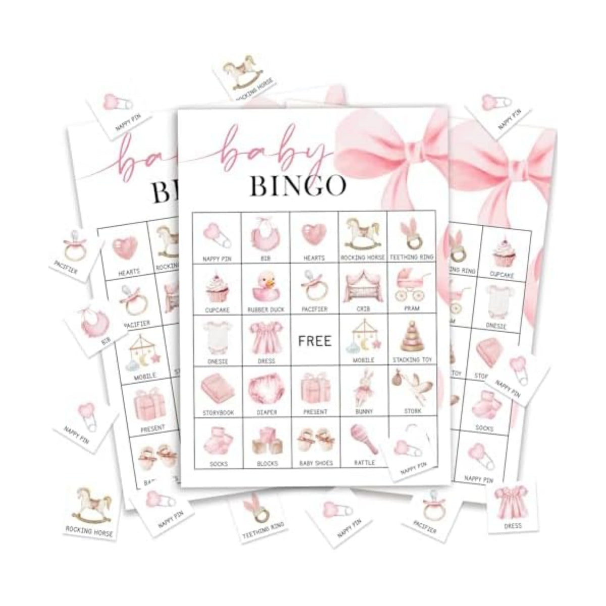 Pink Bow Baby Shower Bingo for 24 Players, Fun Gender Reveal Party Game