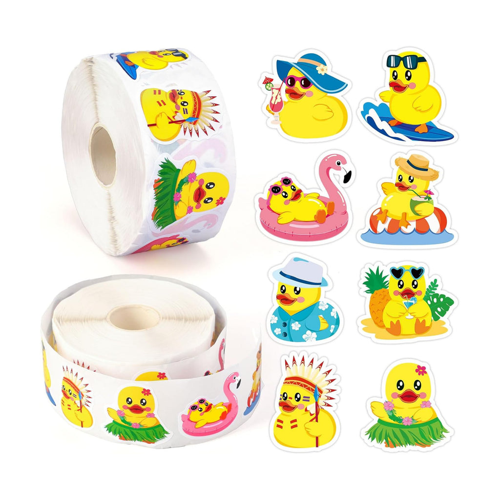 Whaline 1000Pcs Summer Hawaiian Rubber Duck Roll Stickers Self-Adhesive Summer Luau Yellow Duck Label Decals for Envelope Water Bottle Scrapbook Decor Tropical Birthday Party Supplies